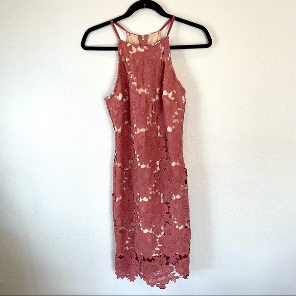 Akira Chicago Black Label High Neck Pink & Nude Lace Body-Con Dress Size Medium - Picture 3 of 14